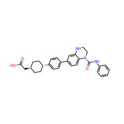 O=C(O)C[C@H]1CC[C@H](c2ccc(-c3ccc4c(c3)NCCN4C(=O)Nc3ccccc3)cc2)CC1 ZINC000261077923