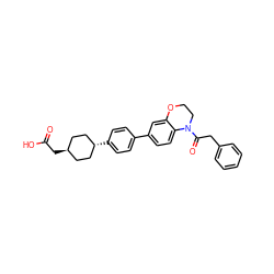 O=C(O)C[C@H]1CC[C@H](c2ccc(-c3ccc4c(c3)OCCN4C(=O)Cc3ccccc3)cc2)CC1 ZINC000261188889