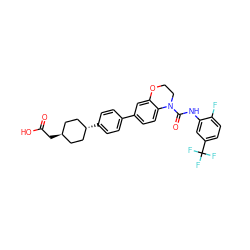 O=C(O)C[C@H]1CC[C@H](c2ccc(-c3ccc4c(c3)OCCN4C(=O)Nc3cc(C(F)(F)F)ccc3F)cc2)CC1 ZINC000261085382