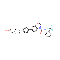 O=C(O)C[C@H]1CC[C@H](c2ccc(-c3ccc4c(c3)OCCN4C(=O)Nc3ccccc3C(F)(F)F)cc2)CC1 ZINC000261081882