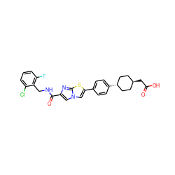 O=C(O)C[C@H]1CC[C@H](c2ccc(-c3cn4cc(C(=O)NCc5c(F)cccc5Cl)nc4s3)cc2)CC1 ZINC001772618872