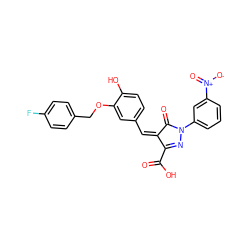 O=C(O)C1=NN(c2cccc([N+](=O)[O-])c2)C(=O)/C1=C\c1ccc(O)c(OCc2ccc(F)cc2)c1 ZINC000064539069