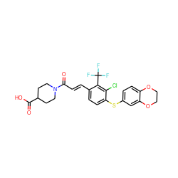 O=C(O)C1CCN(C(=O)/C=C/c2ccc(Sc3ccc4c(c3)OCCO4)c(Cl)c2C(F)(F)F)CC1 ZINC000027518490