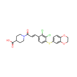 O=C(O)C1CCN(C(=O)/C=C/c2ccc(Sc3ccc4c(c3)OCCO4)c(Cl)c2Cl)CC1 ZINC000013470562