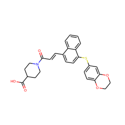 O=C(O)C1CCN(C(=O)/C=C/c2ccc(Sc3ccc4c(c3)OCCO4)c3ccccc23)CC1 ZINC000013470573