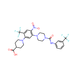 O=C(O)C1CCN(c2cc(N3CCN(C(=O)Nc4cccc(C(F)(F)F)c4)CC3)c([N+](=O)[O-])cc2C(F)(F)F)CC1 ZINC000027864933