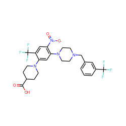 O=C(O)C1CCN(c2cc(N3CCN(Cc4cccc(C(F)(F)F)c4)CC3)c([N+](=O)[O-])cc2C(F)(F)F)CC1 ZINC000027869265