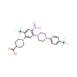 O=C(O)C1CCN(c2cc(N3CCN(c4ccc(C(F)(F)F)cc4)CC3)c([N+](=O)[O-])cc2C(F)(F)F)CC1 ZINC000027877502