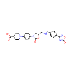 O=C(O)C1CCN(c2ccc(N3C[C@H](CNCc4ccc(-c5noc(=O)[nH]5)cc4)OC3=O)cc2)CC1 ZINC000096271560