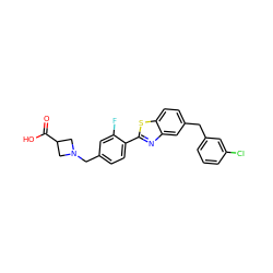 O=C(O)C1CN(Cc2ccc(-c3nc4cc(Cc5cccc(Cl)c5)ccc4s3)c(F)c2)C1 ZINC000066111669