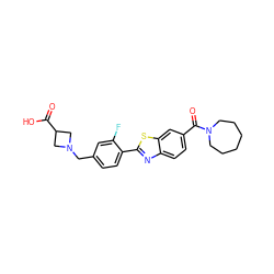 O=C(O)C1CN(Cc2ccc(-c3nc4ccc(C(=O)N5CCCCCC5)cc4s3)c(F)c2)C1 ZINC000073161209