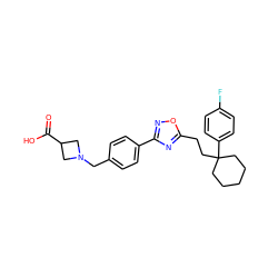 O=C(O)C1CN(Cc2ccc(-c3noc(CCC4(c5ccc(F)cc5)CCCCC4)n3)cc2)C1 ZINC000113881239