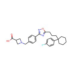 O=C(O)C1CN(Cc2ccc(-c3noc(CCCC4(c5ccc(F)cc5)CCCCC4)n3)cc2)C1 ZINC000113877344