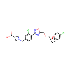 O=C(O)C1CN(Cc2ccc(-c3noc(COCC4(c5ccc(Cl)cc5)CCC4)n3)c(Cl)c2)C1 ZINC000113881273