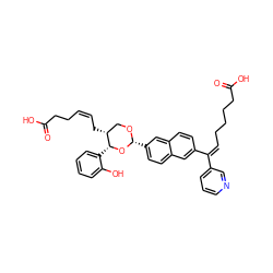 O=C(O)CC/C=C\C[C@@H]1CO[C@H](c2ccc3cc(/C(=C\CCCCC(=O)O)c4cccnc4)ccc3c2)O[C@@H]1c1ccccc1O ZINC000029342202