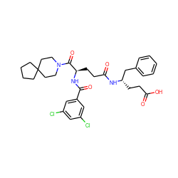 O=C(O)CC[C@@H](Cc1ccccc1)NC(=O)CC[C@@H](NC(=O)c1cc(Cl)cc(Cl)c1)C(=O)N1CCC2(CCCC2)CC1 ZINC000029214568