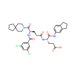 O=C(O)CC[C@H](NC(=O)CC[C@@H](NC(=O)c1cc(Cl)cc(Cl)c1)C(=O)N1CCC2(CCCC2)CC1)C(=O)Nc1ccc2c(c1)CCC2 ZINC000029213746