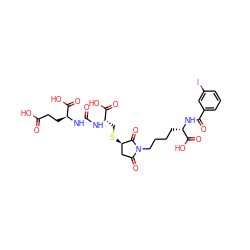 O=C(O)CC[C@H](NC(=O)N[C@@H](CS[C@@H]1CC(=O)N(CCCC[C@H](NC(=O)c2cccc(I)c2)C(=O)O)C1=O)C(=O)O)C(=O)O ZINC000096284929