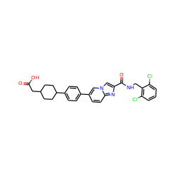 O=C(O)CC1CCC(c2ccc(-c3ccc4nc(C(=O)NCc5c(Cl)cccc5Cl)cn4c3)cc2)CC1 ZINC000147719773