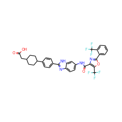 O=C(O)CC1CCC(c2ccc(-c3nc4ccc(NC(=O)c5nc(-c6ccccc6C(F)(F)F)oc5C(F)(F)F)cc4[nH]3)cc2)CC1 ZINC000096273601