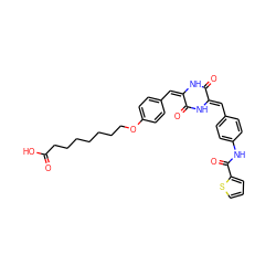 O=C(O)CCCCCCCOc1ccc(/C=c2/[nH]c(=O)/c(=C/c3ccc(NC(=O)c4cccs4)cc3)[nH]c2=O)cc1 ZINC000026004621