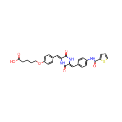 O=C(O)CCCCOc1ccc(/C=c2\[nH]c(=O)/c(=C/c3ccc(NC(=O)c4cccs4)cc3)[nH]c2=O)cc1 ZINC000026575627