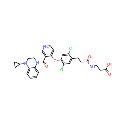 O=C(O)CCNC(=O)CCc1cc(Cl)c(Oc2ccncc2C(=O)N2CCN(C3CC3)c3ccccc32)cc1Cl ZINC000208004220