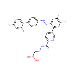 O=C(O)CCNC(=O)c1ccc(-c2cc(F)c(F)cc2CNc2ccc(-c3ccc(Cl)cc3Cl)cc2)cn1 ZINC000148094326