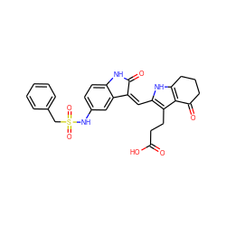 O=C(O)CCc1c(/C=C2\C(=O)Nc3ccc(NS(=O)(=O)Cc4ccccc4)cc32)[nH]c2c1C(=O)CCC2 ZINC000058576590