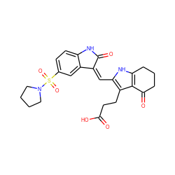 O=C(O)CCc1c(/C=C2\C(=O)Nc3ccc(S(=O)(=O)N4CCCC4)cc32)[nH]c2c1C(=O)CCC2 ZINC000058568773