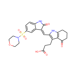 O=C(O)CCc1c(/C=C2\C(=O)Nc3ccc(S(=O)(=O)N4CCOCC4)cc32)[nH]c2c1C(=O)CCC2 ZINC000058576056