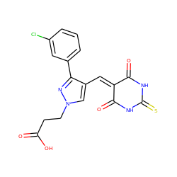 O=C(O)CCn1cc(C=C2C(=O)NC(=S)NC2=O)c(-c2cccc(Cl)c2)n1 ZINC000020149119