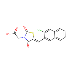 O=C(O)CN1C(=O)S/C(=C\c2cc3ccccc3cc2Cl)C1=O ZINC000013782027