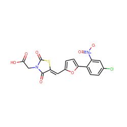 O=C(O)CN1C(=O)S/C(=C\c2ccc(-c3ccc(Cl)cc3[N+](=O)[O-])o2)C1=O ZINC000028567921