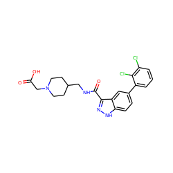 O=C(O)CN1CCC(CNC(=O)c2n[nH]c3ccc(-c4cccc(Cl)c4Cl)cc23)CC1 ZINC000220778239