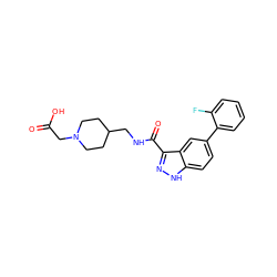 O=C(O)CN1CCC(CNC(=O)c2n[nH]c3ccc(-c4ccccc4F)cc23)CC1 ZINC000653754340