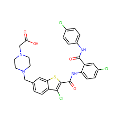 O=C(O)CN1CCN(Cc2ccc3c(Cl)c(C(=O)Nc4ccc(Cl)cc4C(=O)Nc4ccc(Cl)cc4)sc3c2)CC1 ZINC000028713115