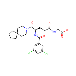 O=C(O)CNC(=O)CC[C@@H](NC(=O)c1cc(Cl)cc(Cl)c1)C(=O)N1CCC2(CCCC2)CC1 ZINC000013745219