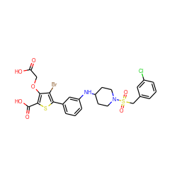 O=C(O)COc1c(C(=O)O)sc(-c2cccc(NC3CCN(S(=O)(=O)Cc4cccc(Cl)c4)CC3)c2)c1Br ZINC000028711553