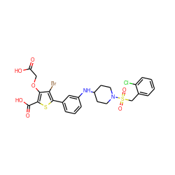 O=C(O)COc1c(C(=O)O)sc(-c2cccc(NC3CCN(S(=O)(=O)Cc4ccccc4Cl)CC3)c2)c1Br ZINC000028711554