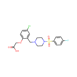 O=C(O)COc1ccc(Cl)cc1CN1CCN(S(=O)(=O)c2ccc(F)cc2)CC1 ZINC000035827714