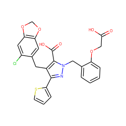 O=C(O)COc1ccccc1Cn1nc(-c2cccs2)c(Cc2cc3c(cc2Cl)OCO3)c1C(=O)O ZINC000026575630