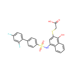 O=C(O)CSc1cc(NS(=O)(=O)c2ccc(-c3ccc(F)cc3F)cc2)c2ccccc2c1O ZINC000169348346