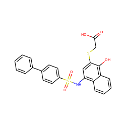 O=C(O)CSc1cc(NS(=O)(=O)c2ccc(-c3ccccc3)cc2)c2ccccc2c1O ZINC000118399374