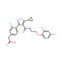 O=C(O)Cc1ccc(-c2noc(C3CC3)c2C(=O)NCCOc2ccc(Cl)cc2Cl)c(Cl)c1 ZINC000036757864