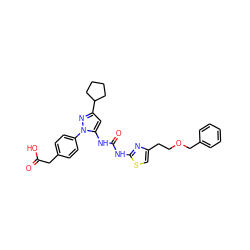 O=C(O)Cc1ccc(-n2nc(C3CCCC3)cc2NC(=O)Nc2nc(CCOCc3ccccc3)cs2)cc1 ZINC000082158121