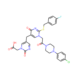 O=C(O)Cn1cc(Cc2cn(CC(=O)N3CCN(c4ccc(Cl)cc4)CC3)c(SCc3ccc(F)cc3)nc2=O)cnc1=O ZINC000029558071