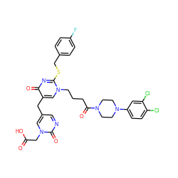 O=C(O)Cn1cc(Cc2cn(CCCC(=O)N3CCN(c4ccc(Cl)c(Cl)c4)CC3)c(SCc3ccc(F)cc3)nc2=O)cnc1=O ZINC000029562201