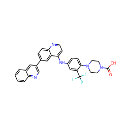 O=C(O)N1CCN(c2ccc(Nc3ccnc4ccc(-c5cnc6ccccc6c5)cc34)cc2C(F)(F)F)CC1 ZINC000064549473