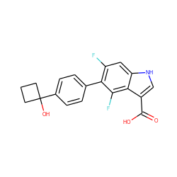 O=C(O)c1c[nH]c2cc(F)c(-c3ccc(C4(O)CCC4)cc3)c(F)c12 ZINC000205351903